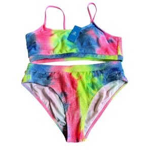 Cupshe Tie Dye Smocked High Waisted Bikini Set Swimsuit Neon XL